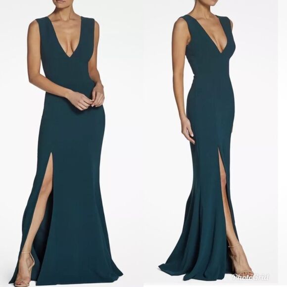 Revolve Dress The Population Sandra Plunge Crepe Trumpet Gown Maxi Dress in Pine - Picture 1 of 11